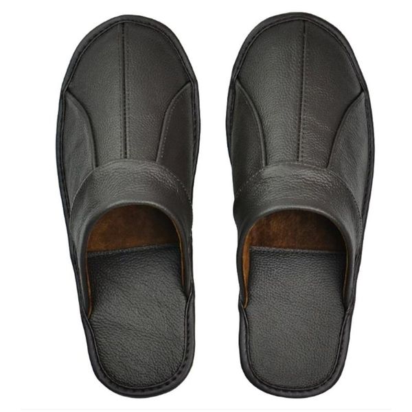 

slippers genuine cow leather couple indoor non-slip men women home fashion casual single shoes tpr soft soles spring summer, Black