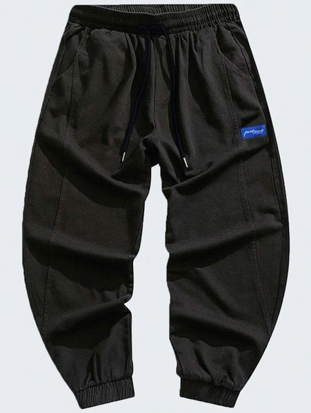 

men letter graphic drawstring waist pants r00y#, Black