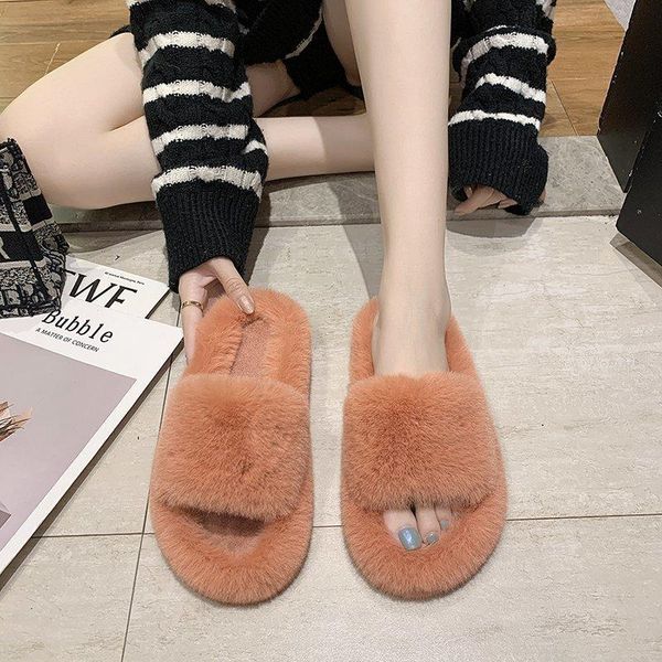 

fashion womens fluffy slippers outside anti-slip female casual sandals soft bottom flats large size pantoufle femme fourrure, Black