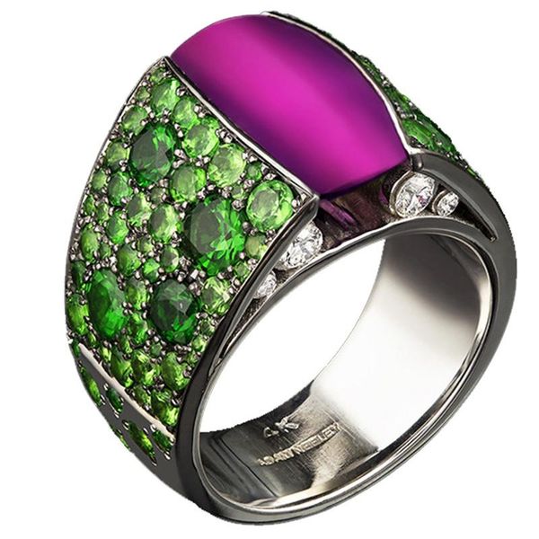 

cluster rings creative fashion inlaid green zircon 10 * 8 wide gorgeous purple round ladies ring to attend the ball party women's gifts, Golden;silver
