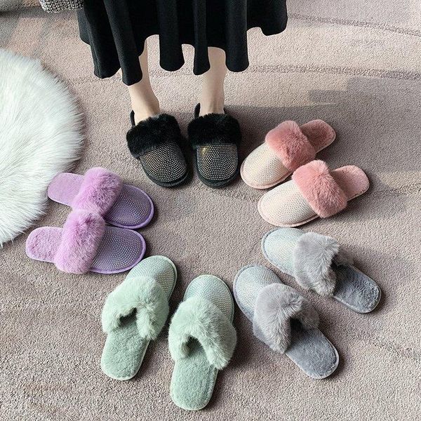 

women's shoes rhinestone baotou hairy slippers women soft bottom home warm cotton fashion all-match durable, Black
