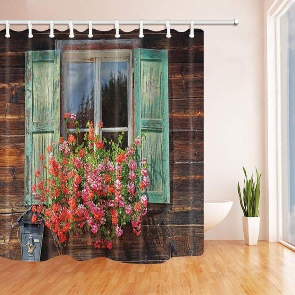 

shower curtains printing flowers decor window on the wooden wall curtain waterproof polyester fabric bathroom decorations bath