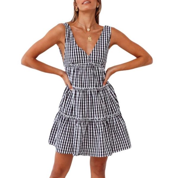 

casual dresses women summer fashion v-neck plaid print stripe dress stylish sleeveless backless for ladies, Black;gray