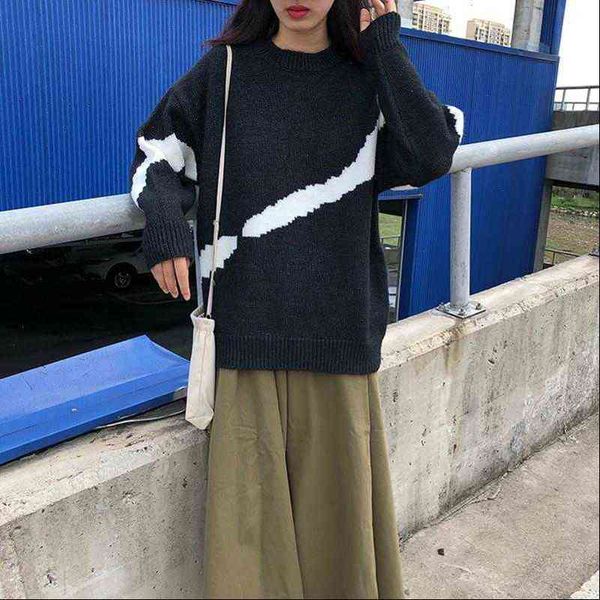 

korean style black white patchwork women sweaters knitted autumn winter thick warm and pullovers womens f1395, White;black