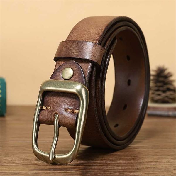 

3.3cm fashion men genuine leather belt luxury designer belts men copper buckle strap male jeans for man cowboy 220125, Black;brown