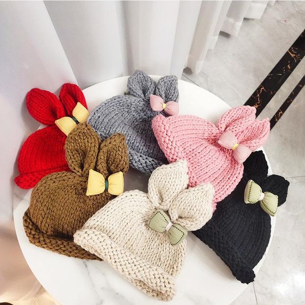 

children's winter beanie cute hats ears bow bonnets wholesale girls fashion wool warm knitted hat caps &, Yellow