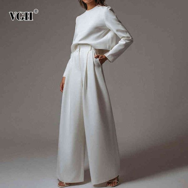 

casual two piece set for women o neck long sleeve solid shirt high waist full length straight pants loose sets female 210507, White