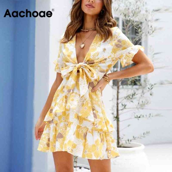 

women boho floral print mini deep v neck holiady beach butterfly short sleeve summer a line dress 210413, Black;gray