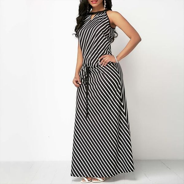 

stripe fashion summer casual sleeveless women dresses round neck black loose plus size female long costume, Black;gray