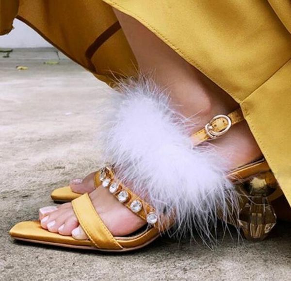 

summer women white bird fur party sandals rhinestone rivets studs satin straps fashion crystal ball combined strange high heels, Black