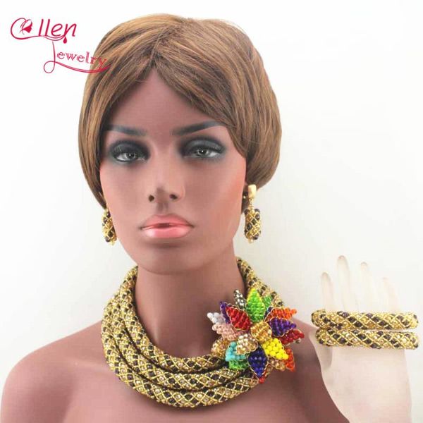 

earrings & necklace stylish luxury african beads jewelry sets india nigerian flower beaded wedding bridal dubai n0023, Silver