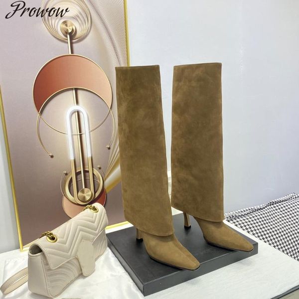 

boots prowow autumn winter fashion women thin heels pointed toe gesigner shoes high qualit slip on genuine leather, Black