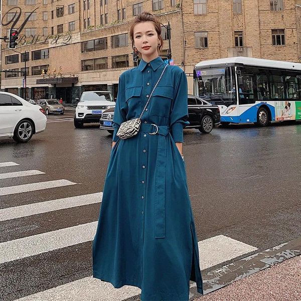 

casual dresses women spring autumn long sleeve dress vintage turn-down collar single breasted with belt midi shirt lady, Black;gray