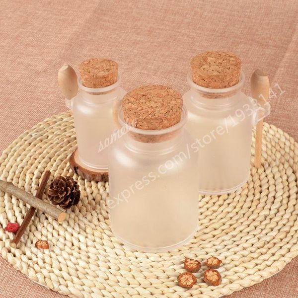 

empty 100g 200g 300g powder plastic bottle bath salt jar with wood cork & wooden spoon, packaging storage bottles jars