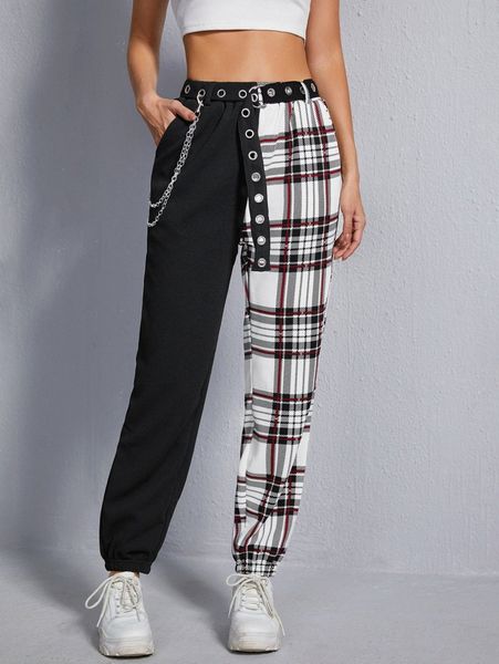 

colorblock tartan chain detail belted pants y5du#, Black;white