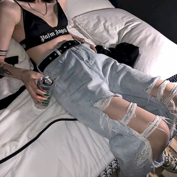 

women's jeans big-size pants, torn jeans, wide legs, street fashion, summer, loose smooth, tall waist, skinny old pants 86mr, Blue
