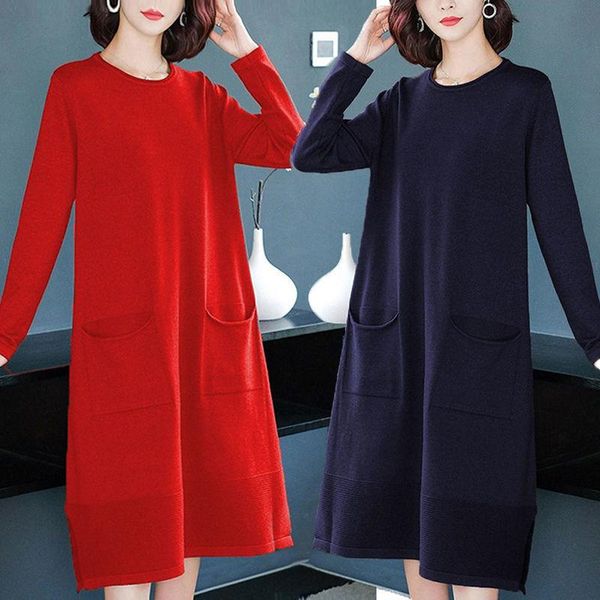 

women 2021 autumn winter casual loose knitting dress o-neck long sleeve sweater dresses ladies fashion pockets vestidos c410, Black;gray
