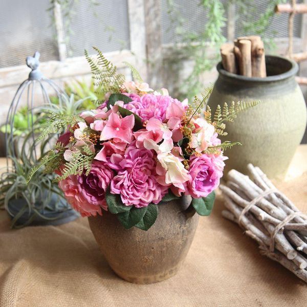 

beautiful mix combination bride hand flowers hybrid wedding decoration flower silk dahlia artificial hydrangea fake rose decorative & wreath