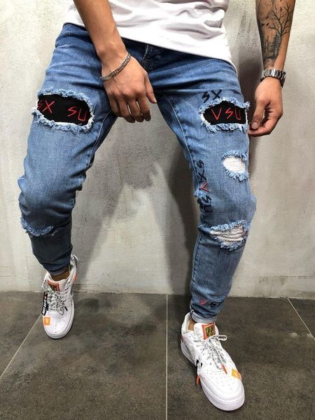 

wear jeans pants men's with hole embroidery leggings, Blue