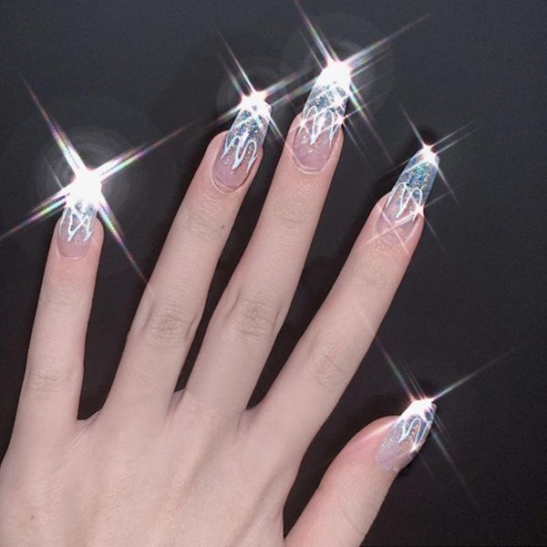 

false nails 24pcs silver flame printed nail patch shiny glue type removable long paragraph fashion manicure dl, Red;gold