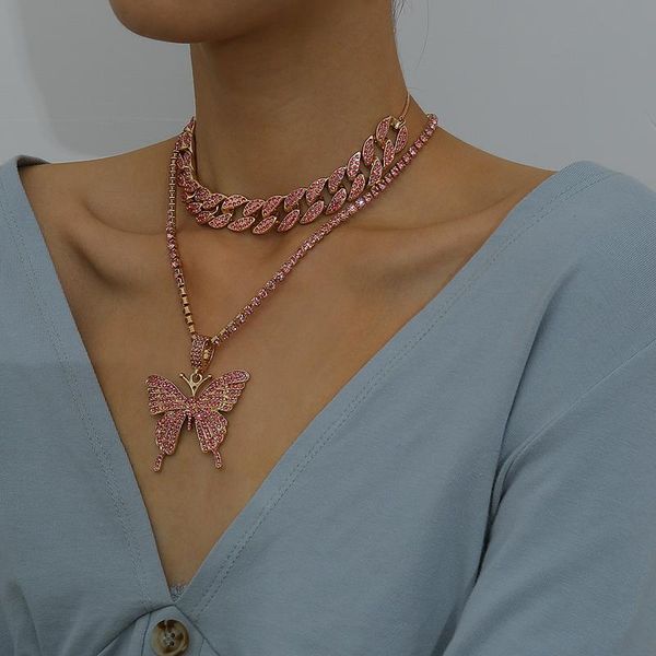 

chains big rhinestone butterfly shiny double-layer necklace female european and american special interest light luxury hip hop clavicle, Silver