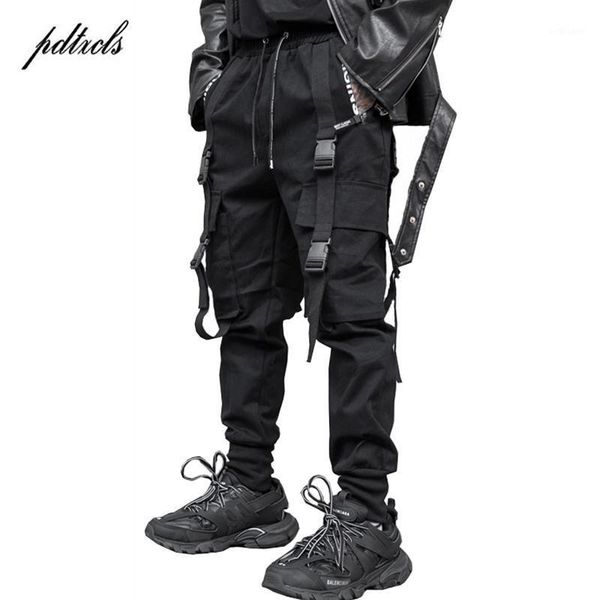 

men's pants 2021 fashion big pocket cargo joggers mens ribbon hip hop loose streetwear men trousers pantalones guo-chao tang, Black