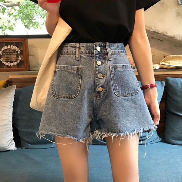 

denim shorts blue korean vintage wide leg high waist female loose women's summer jeans button, White;black