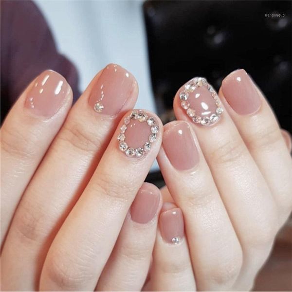 

24pcs nude pink nail tips wearable fake press on nails with rhinestone short round head false full cover artificial1, Red;gold