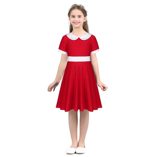 Rotes Mädchenkleid für Kinder, Mädchen-Weihnachtskostüm, kurze Ärmel, Puppenkragen, A-Linien-Kleid, Kinder, Weihnachten, Partykleid, Alltagskleidung, G1026