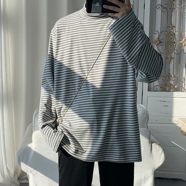 

men's t-shirts 2021 high neck t shirt men fashion retro casual striped tshirt mens streetwear harajuku loose long sleeved male top, White;black