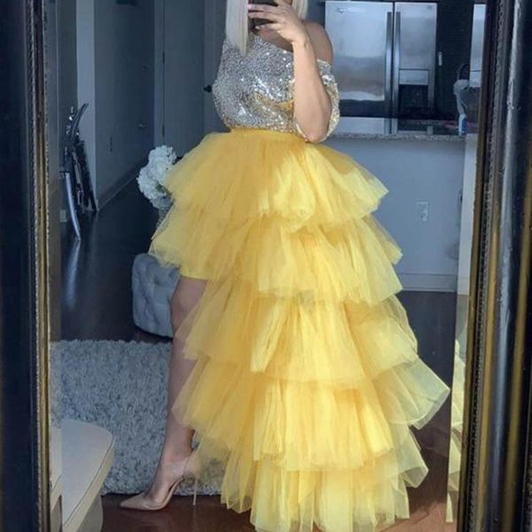 

skirts tiered tulle skirt high low yellow tutu puffy floor length maxi womens layered faldas custom made plus size, Black