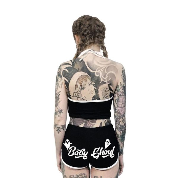 

women's shorts [you're my secret] ouiji board summer women black mid waist home casual short clothing beach outdoor skinny, White;black