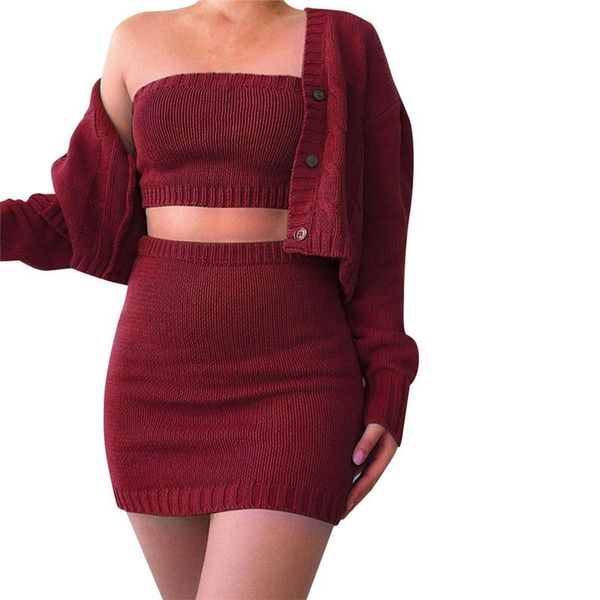 

two piece dress 2021 fashion winter womens clubwear 3 solid sets knitted tube coat skirt set outfits, White