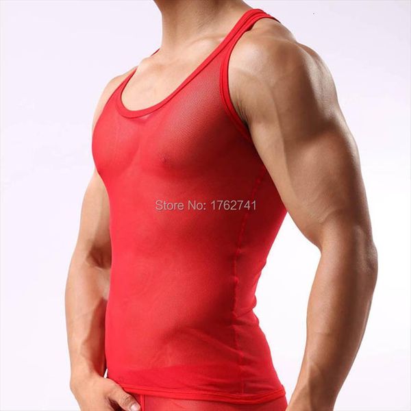 

mens vest underwear slim fit tank ens clothing see through mesh u neck line shirt bodybuilding clothes, White;black