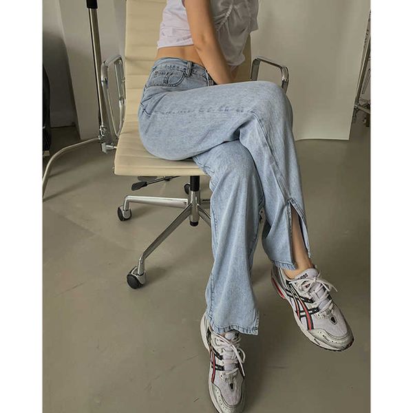 

2021 du xiaozhai's summer tencel jeans women's high waist split loose straight leg pants, Blue