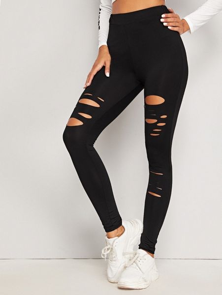 

distressed high-rise leggings w24p#, Black