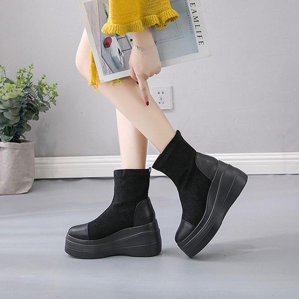 

boots women's ankle 2021 autumn winter high heels wedges shoes woman casual slip on ladies black boot women