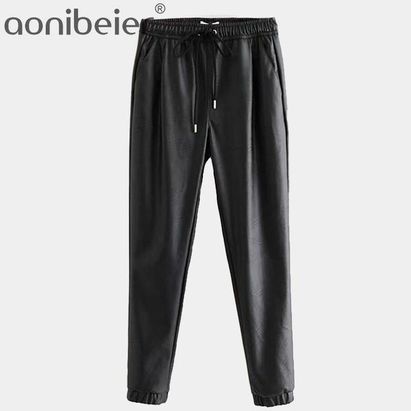 

aonibeier vintage stylish pu leather pockets pants women fashion elastic waist drawstring tie ankle trousers pantalones mujer women's &, Black;white