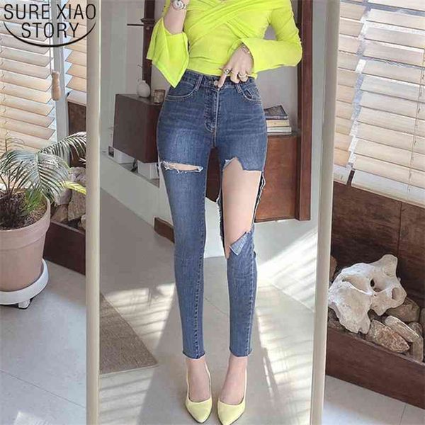 

spring denim jeans woman jeggings tassel high waist summer skinny elastic capris female ripped holes pencil trousers 210510, Blue