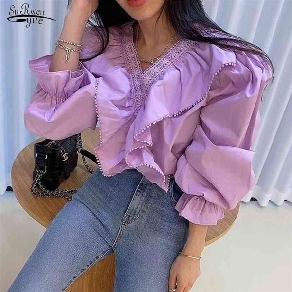 

sweet spring summer vintage brief blouses all match office lady v-neck solid cotton ruffles basic shirts 13568 210521, White