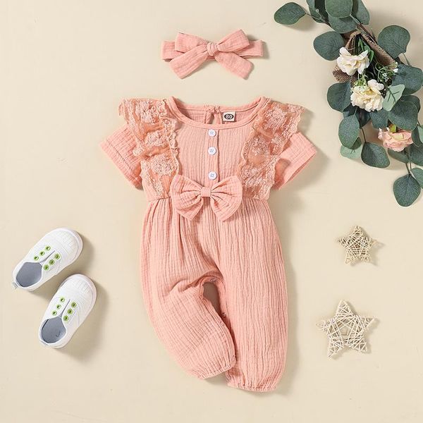

jumpsuits baywell born summer baby girl lace cotton linen romper clothes solid bow jumpsuit with headband clothing, Blue