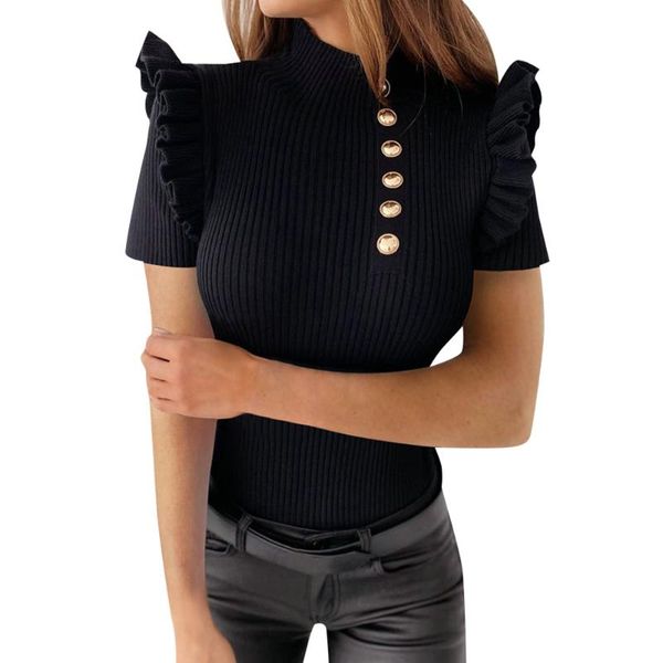 

women's t-shirt knitted short sleeve ladies t shirt button casual ruffles female 2021 skinny summer spring slim fit women tee clothing, White