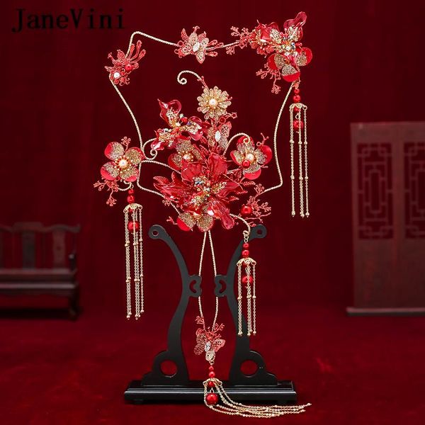 

wedding flowers janevini fashion chinese red bridal bouquets fan cover face artificial 3d luxury metal round accessories