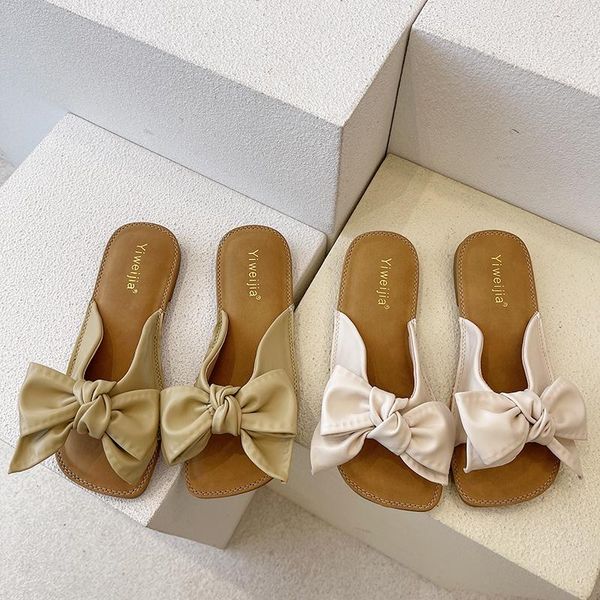 

slippers beach shoes butterfly-knot casual slipers women slides low sabot luxury flat 2021 pu rubber fashion, Black