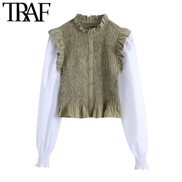 

traf women fashion patchwork smocked elastic cropped blouses vintage long sleeve ruffled female shirts chic 210415, White