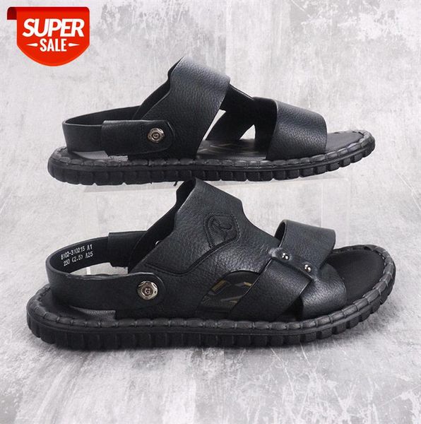

men's layer cowhide two-wear beach shoes new leather sandals flat #jr2w, Black