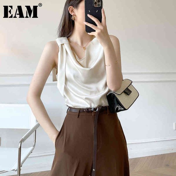 

[eam] women white satin irregular blouse round neck sleeveless loose fit shirt fashion spring summer 1dd8615 21512