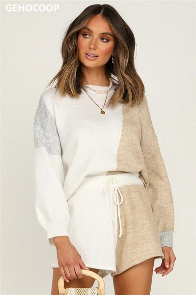

women's tracksuits gehocoop sweater loose long sleeve pullovers knit splicing sweaters shorts 2pcs female fashion women casual home paj, Gray