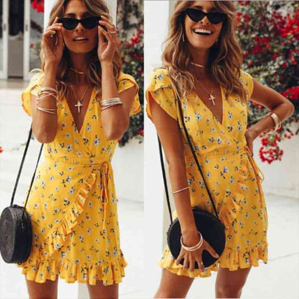 

summer vintage women mini dress yellow floral wrap deep v-neck short sleeve beach dresses ruffles party short sundress, Black;gray