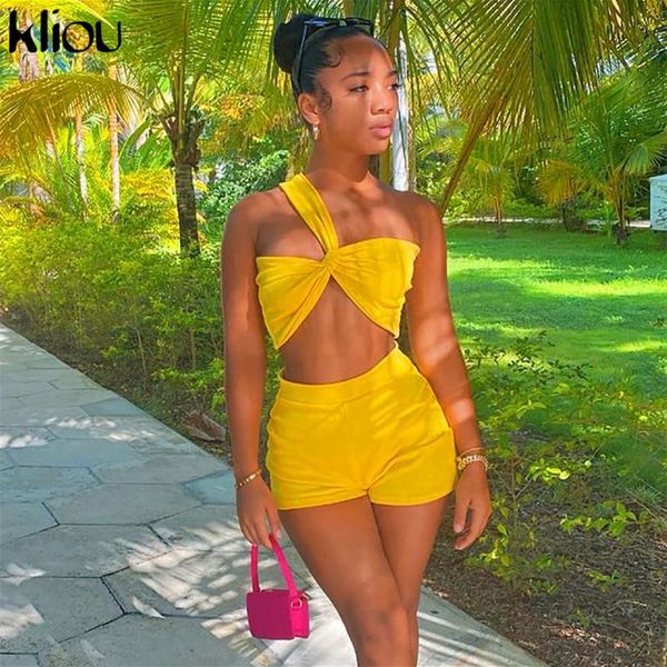 

women's tracksuits kliou solid casual two piece set women classic streetwear slash neck crop +shorts matching outfits active female clo, Gray